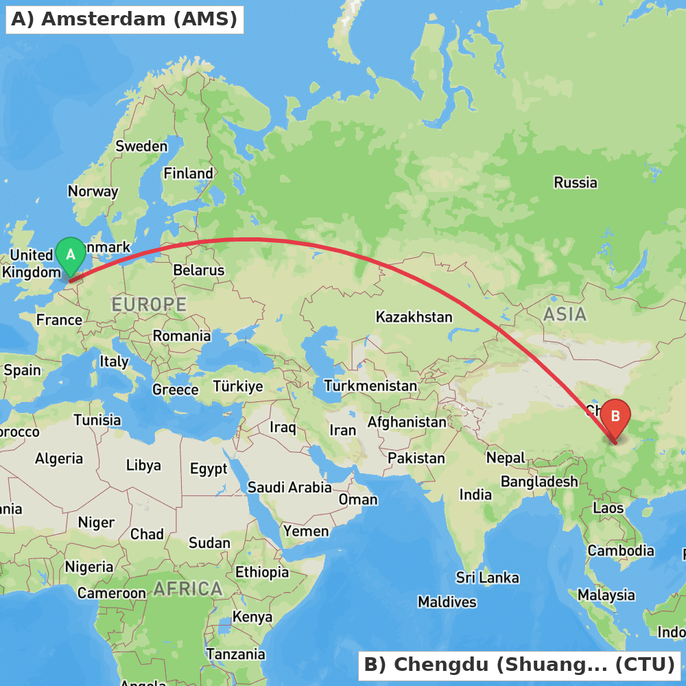 Flight route map from Amsterdam to Chengdu (Shuangliu)