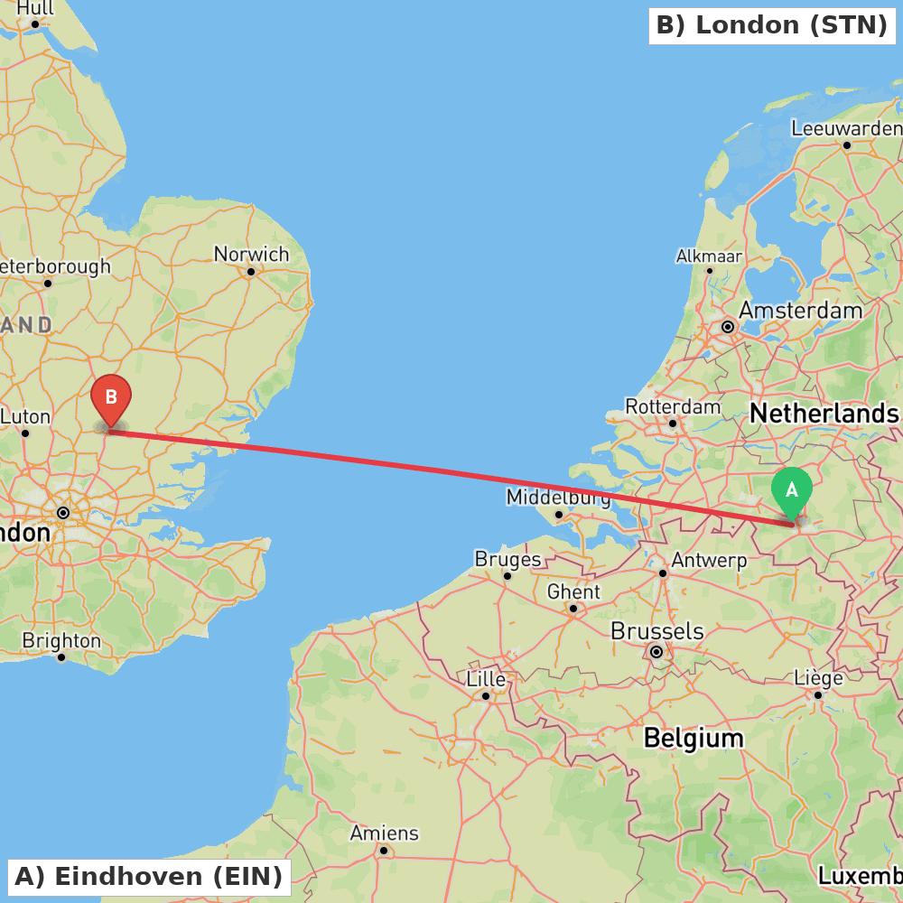 Flight route map from Eindhoven to London