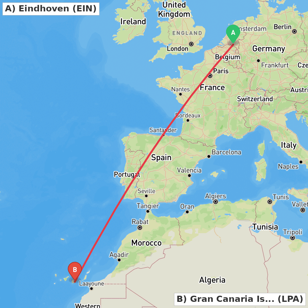 Flight route map from Eindhoven to Gran Canaria Island