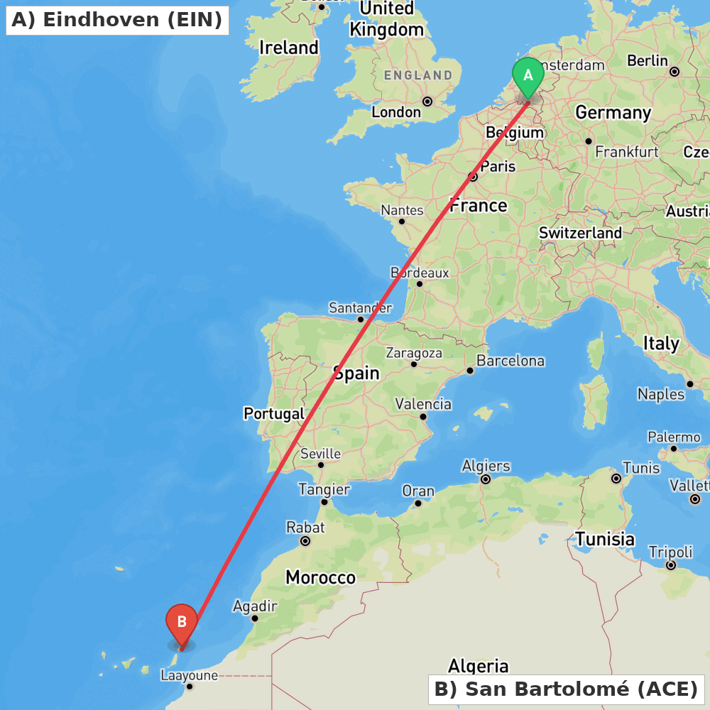 Flight route map from Eindhoven to San Bartolomé