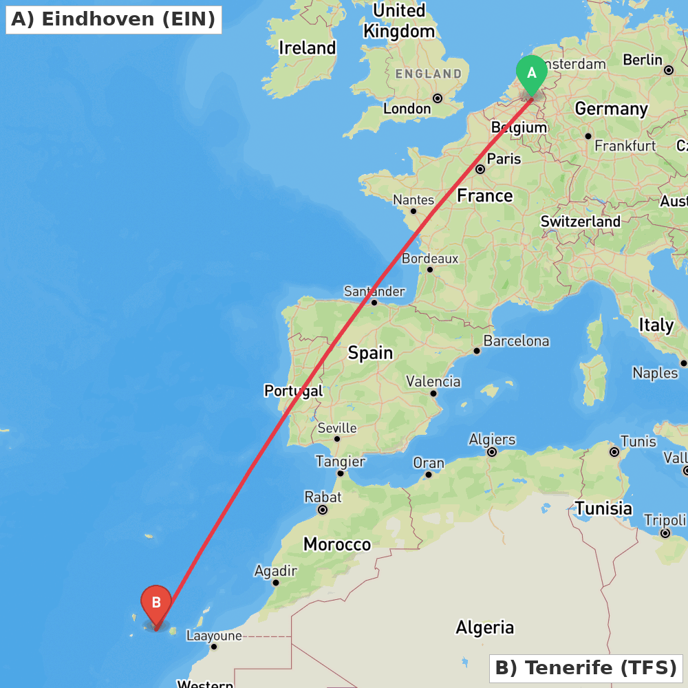 Flight route map from Eindhoven to Tenerife