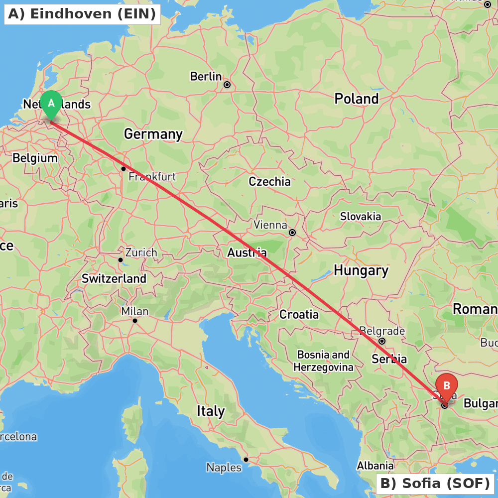 Flight route map from Eindhoven to Sofia