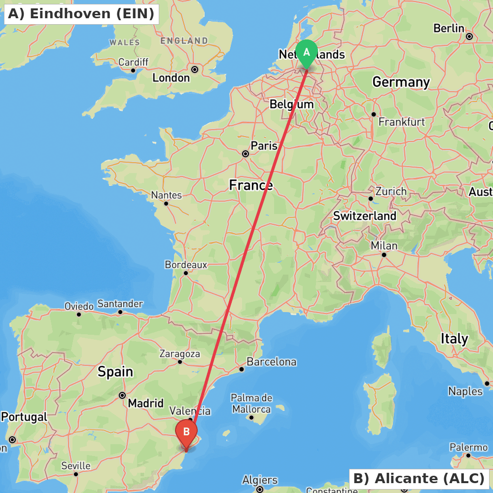 Flight route map from Eindhoven to Alicante