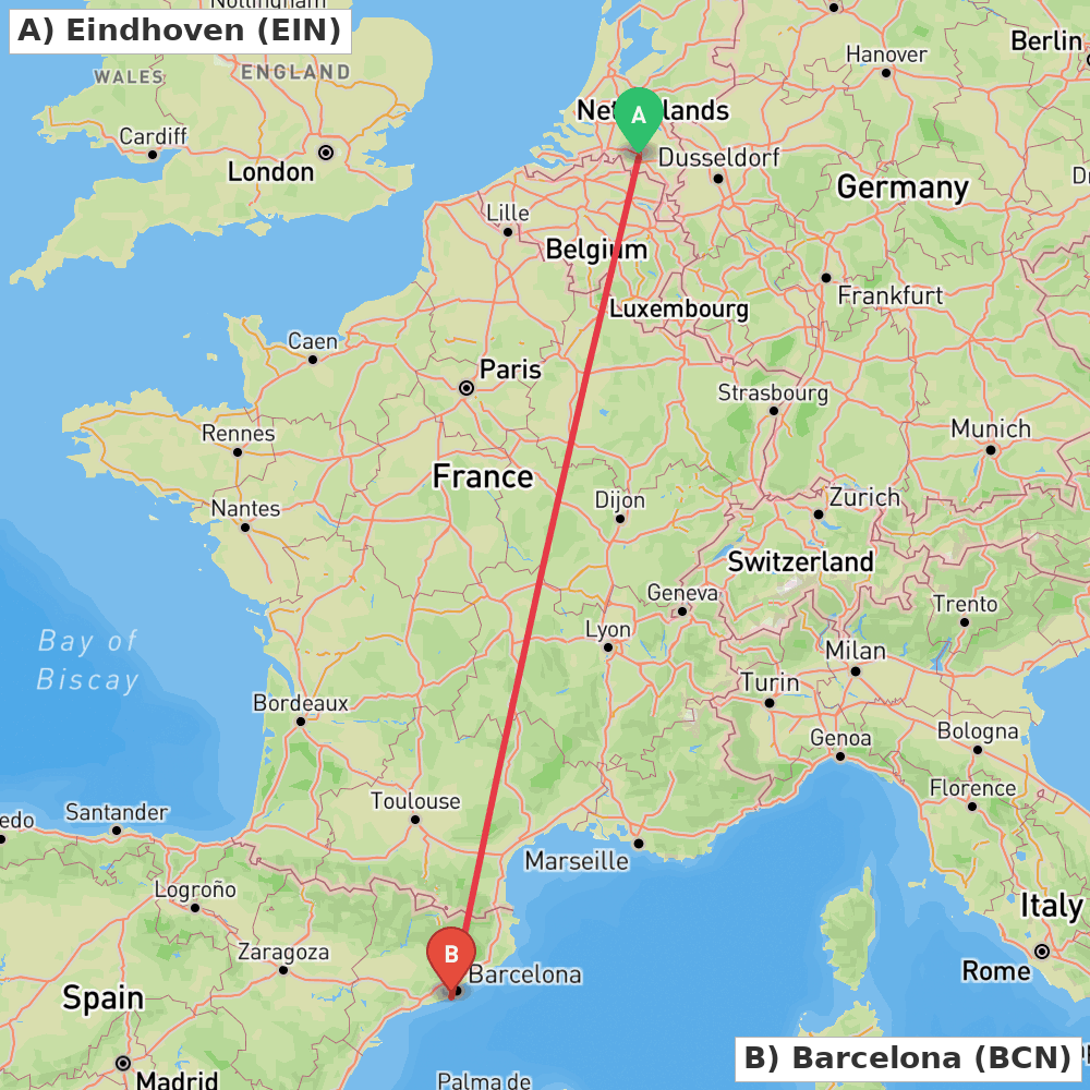 Flight route map from Eindhoven to Barcelona