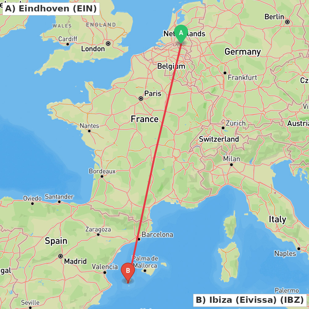 Flight route map from Eindhoven to Ibiza (Eivissa)