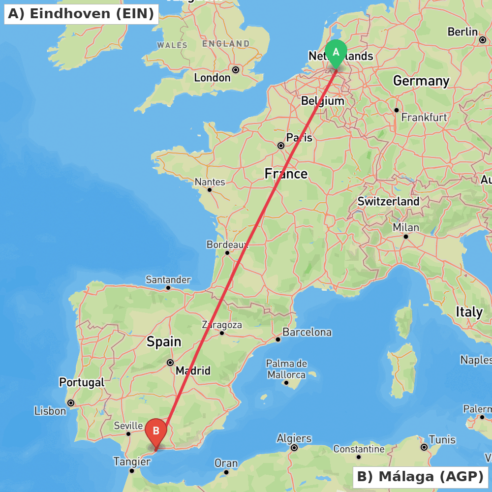 Flight route map from Eindhoven to Málaga