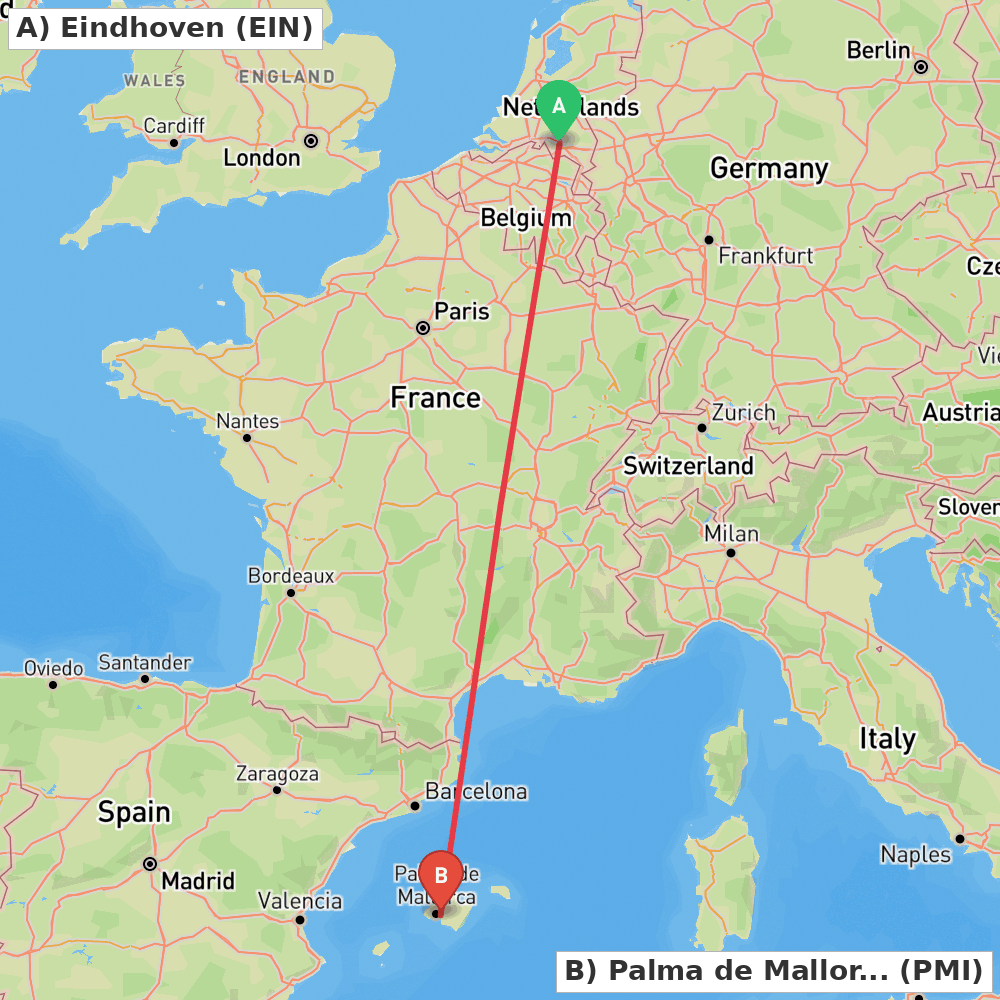 Flight route map from Eindhoven to Palma de Mallorca