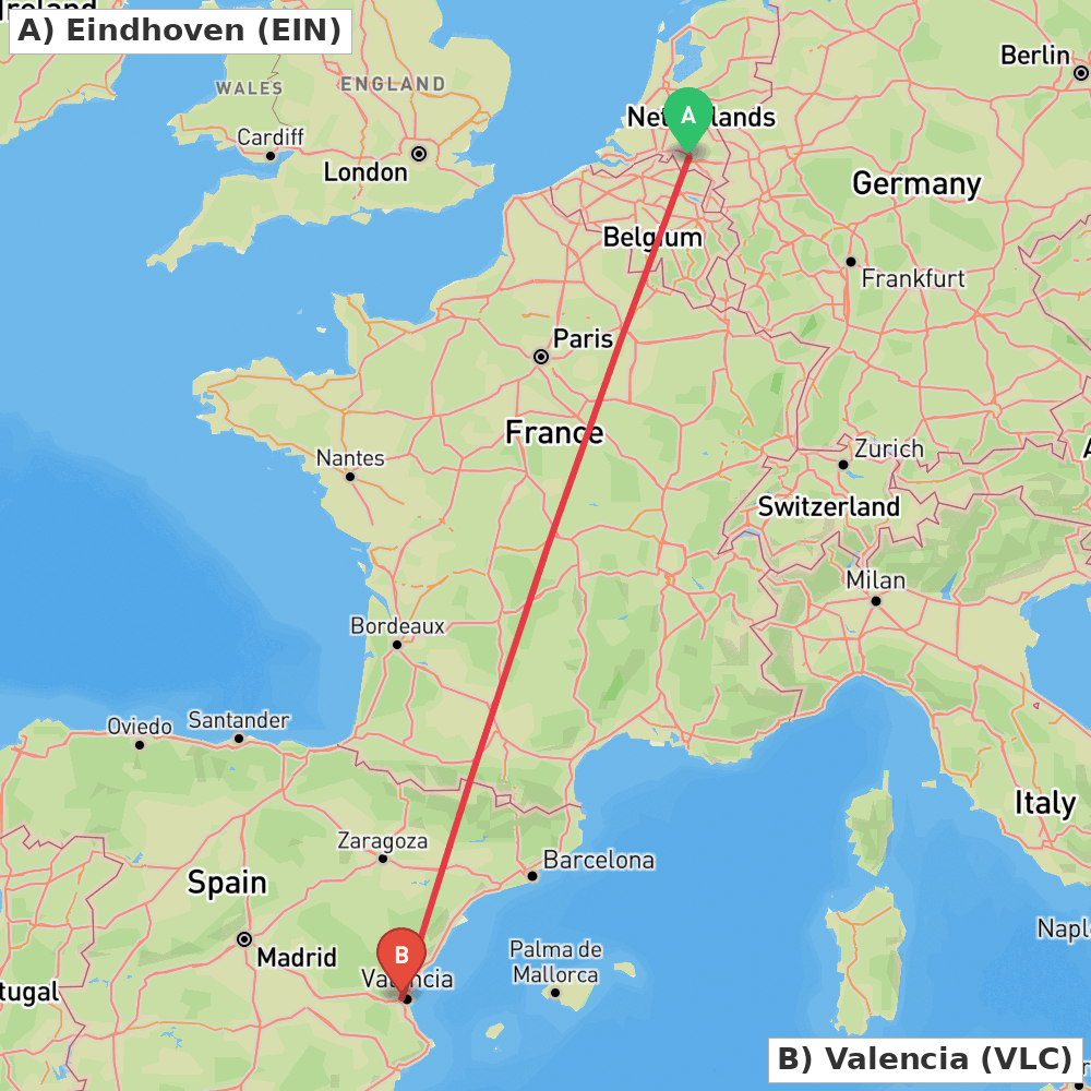 Flight route map from Eindhoven to Valencia