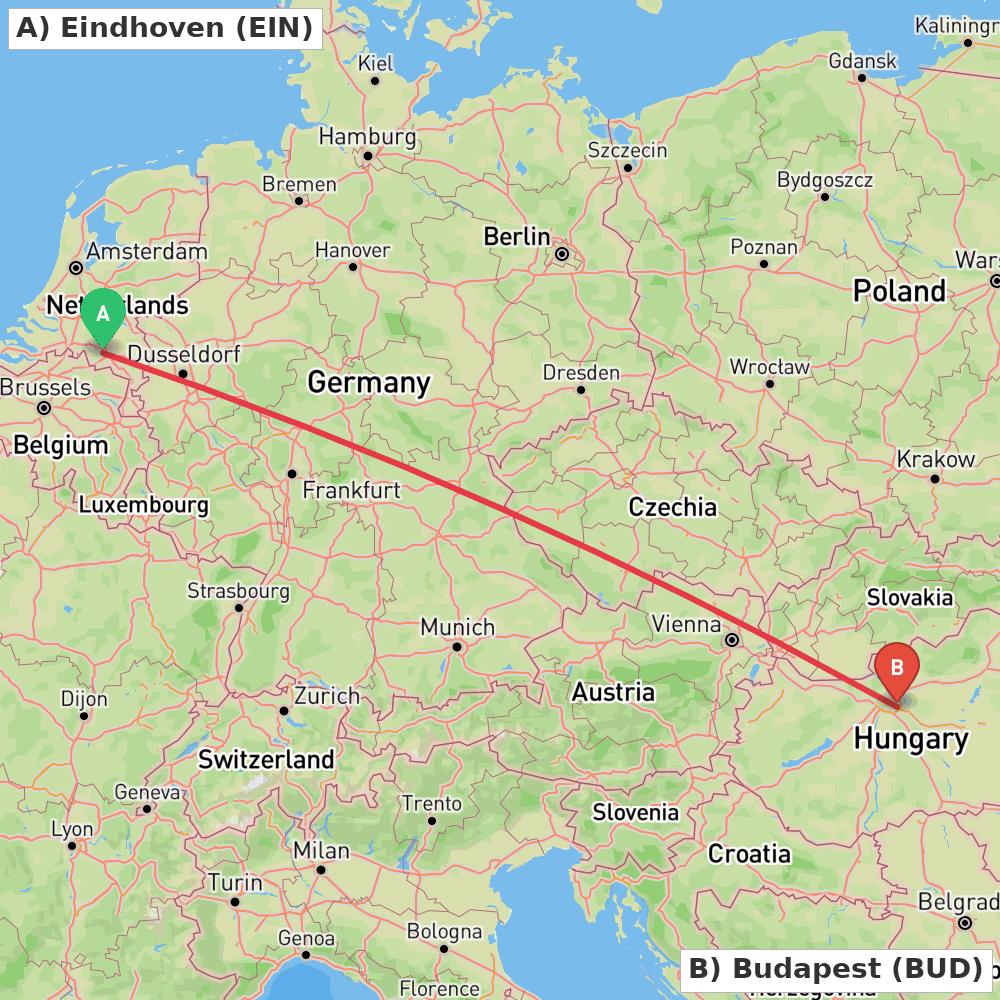 Flight route map from Eindhoven to Budapest