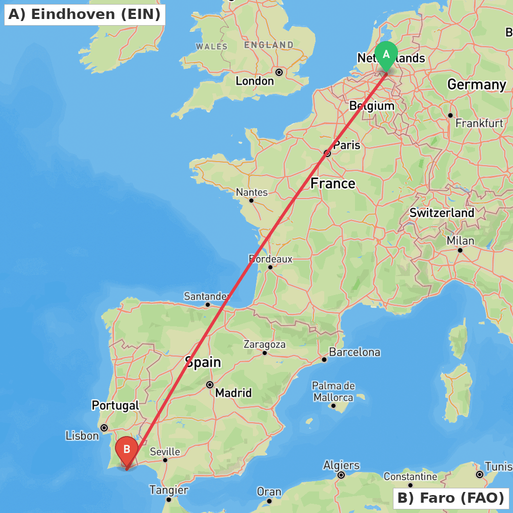 Flight route map from Eindhoven to Faro