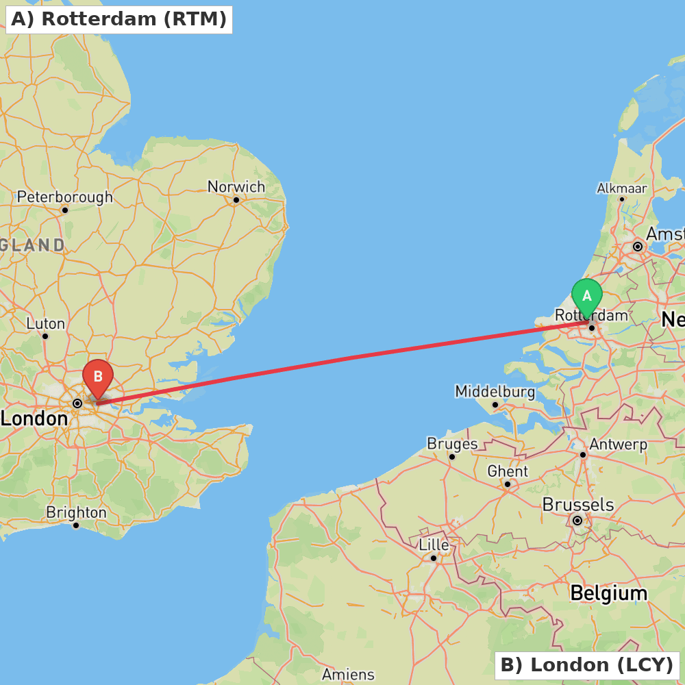 Flight route map from Rotterdam to London
