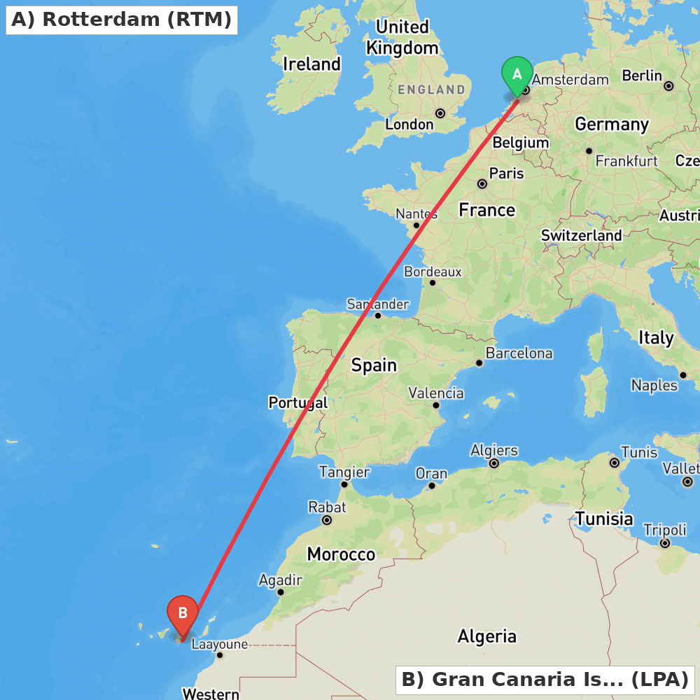 Flight route map from Rotterdam to Gran Canaria Island
