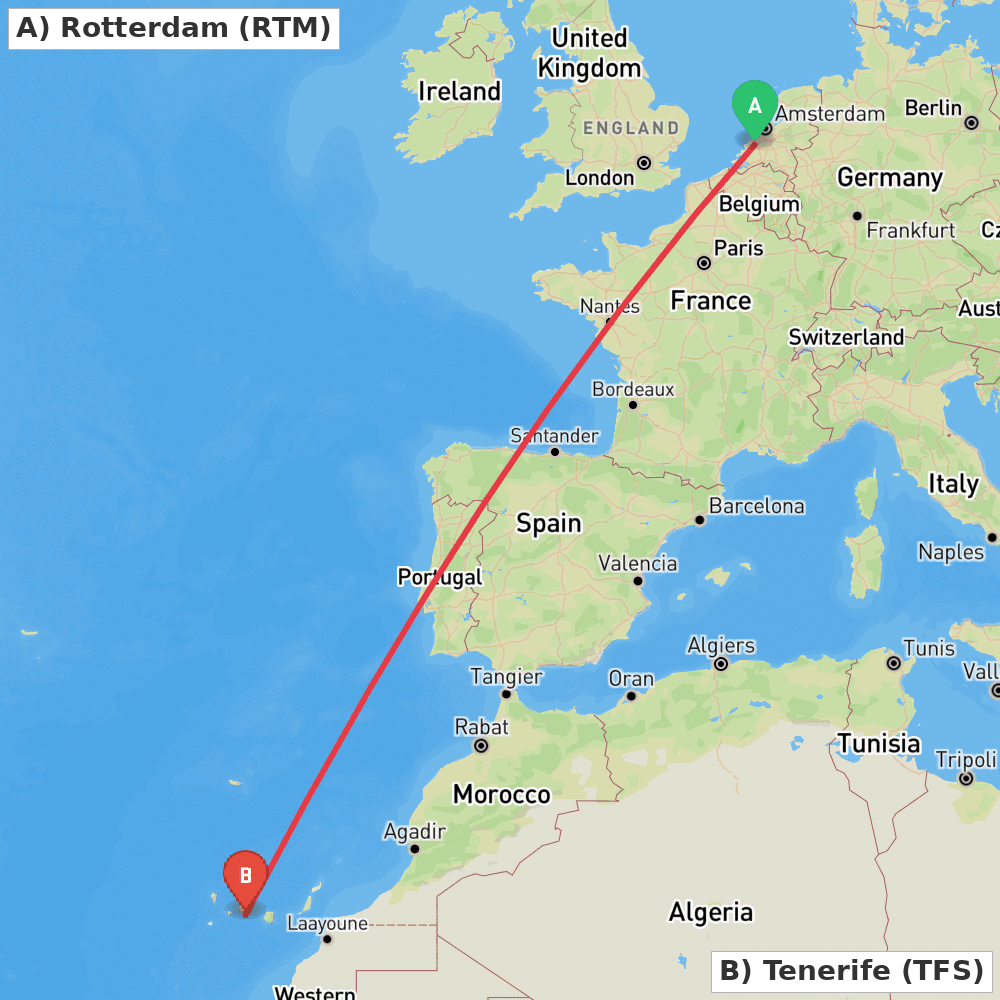 Flight route map from Rotterdam to Tenerife