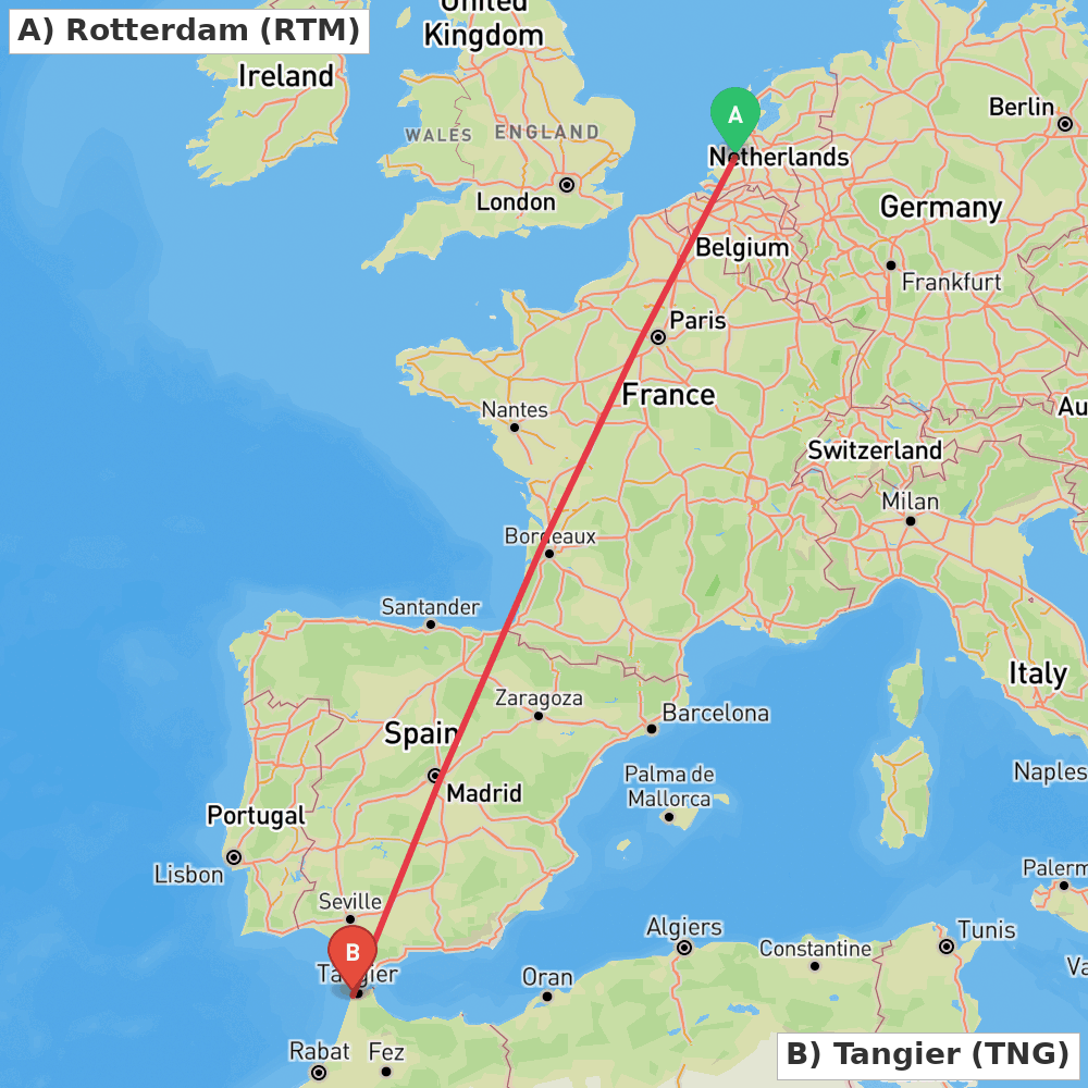 Flight route map from Rotterdam to Tangier