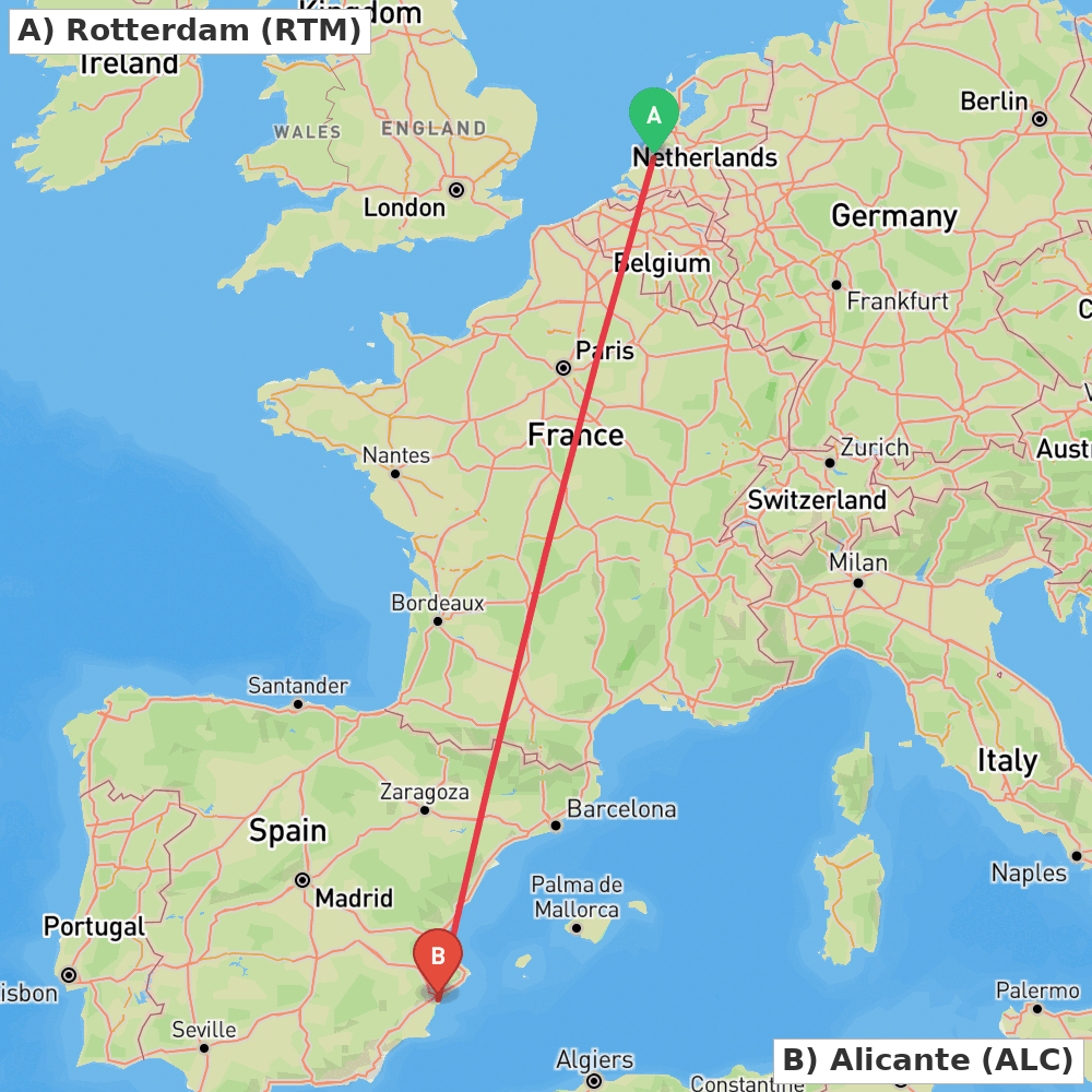 Flight route map from Rotterdam to Alicante