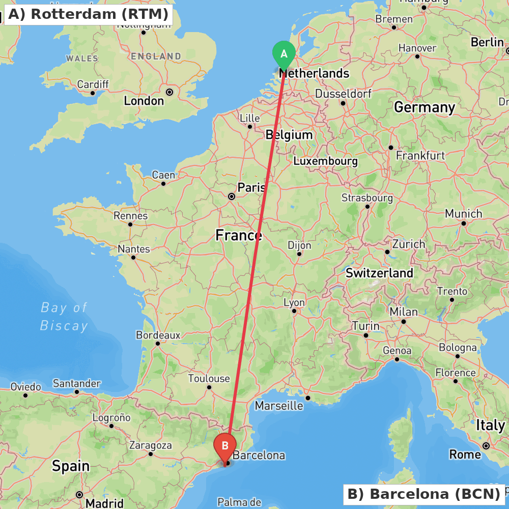 Flight route map from Rotterdam to Barcelona