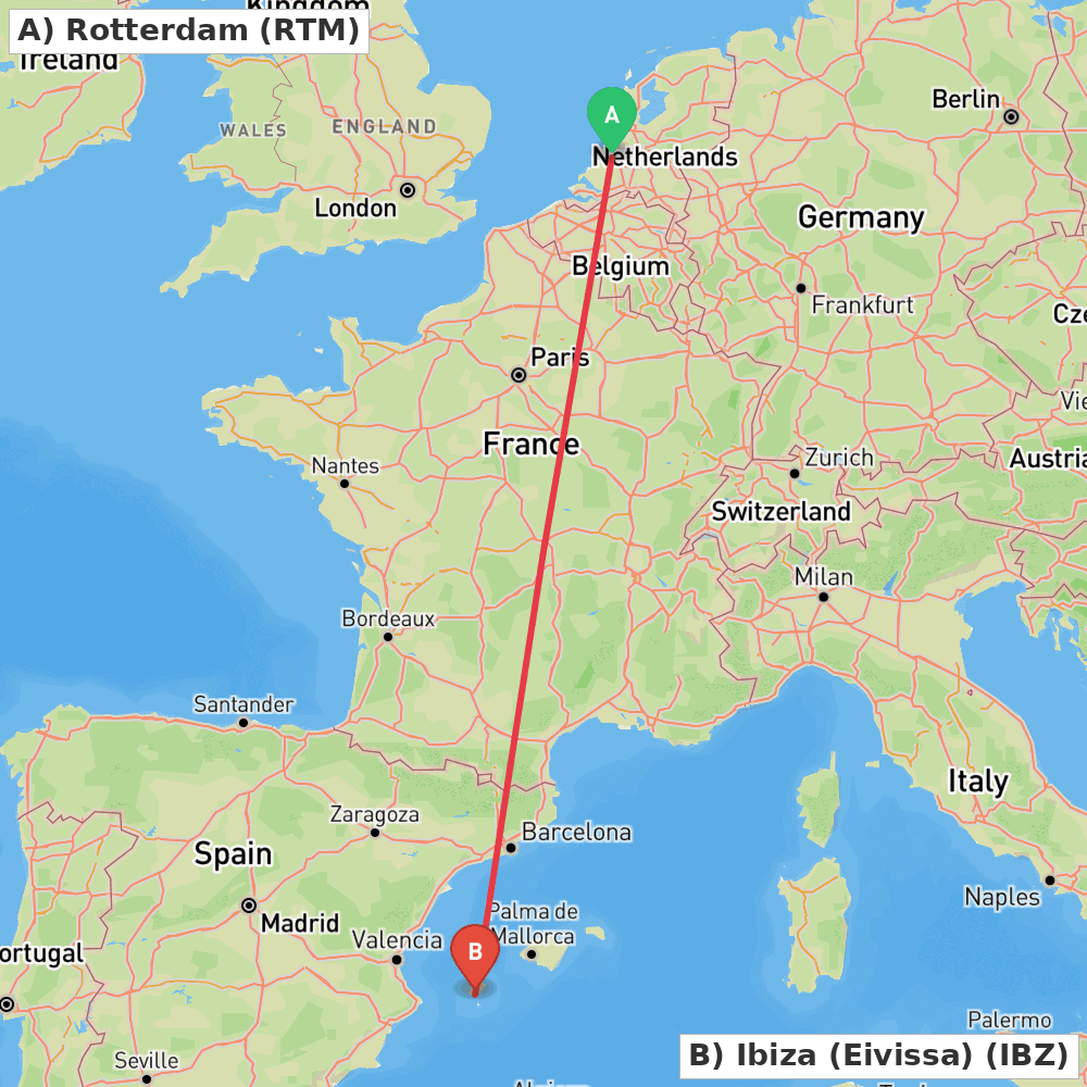 Flight route map from Rotterdam to Ibiza (Eivissa)