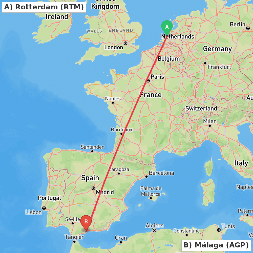 Flight route map from Rotterdam to Málaga