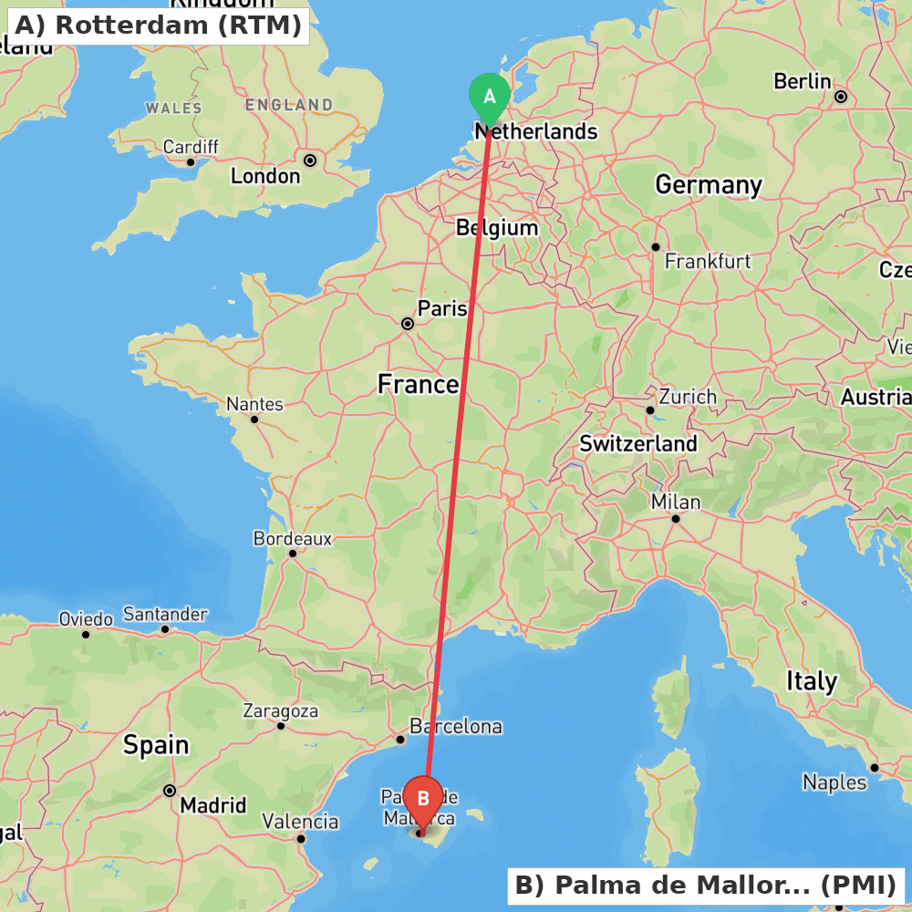Flight route map from Rotterdam to Palma de Mallorca