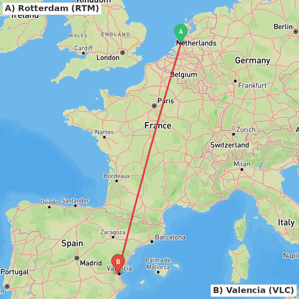 Flight route map from Rotterdam to Valencia