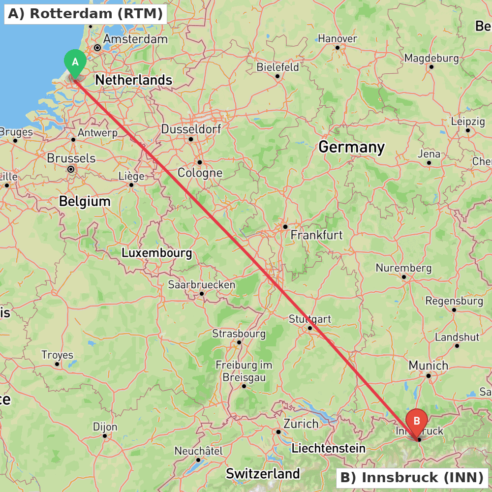 Flight route map from Rotterdam to Innsbruck
