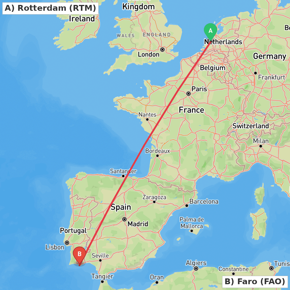 Flight route map from Rotterdam to Faro