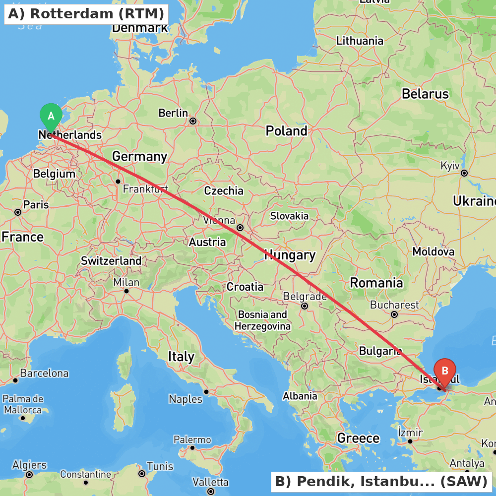 Flight route map from Rotterdam to Pendik, Istanbul