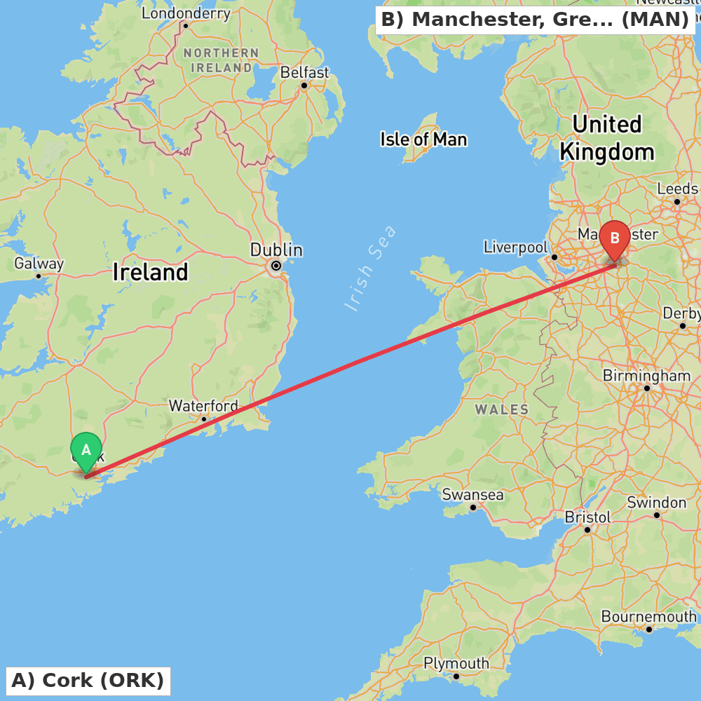 Flight route map from Cork to Manchester, Greater Manchester