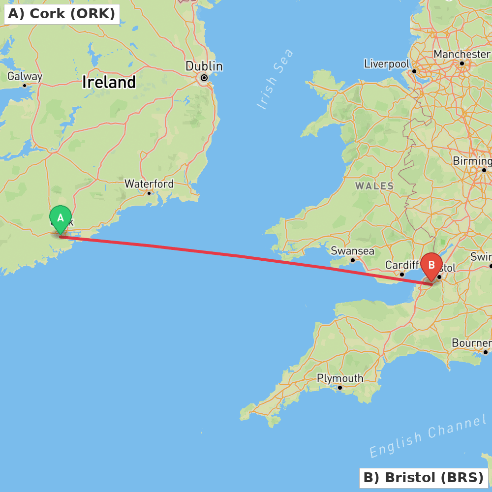 Flight route map from Cork to Bristol