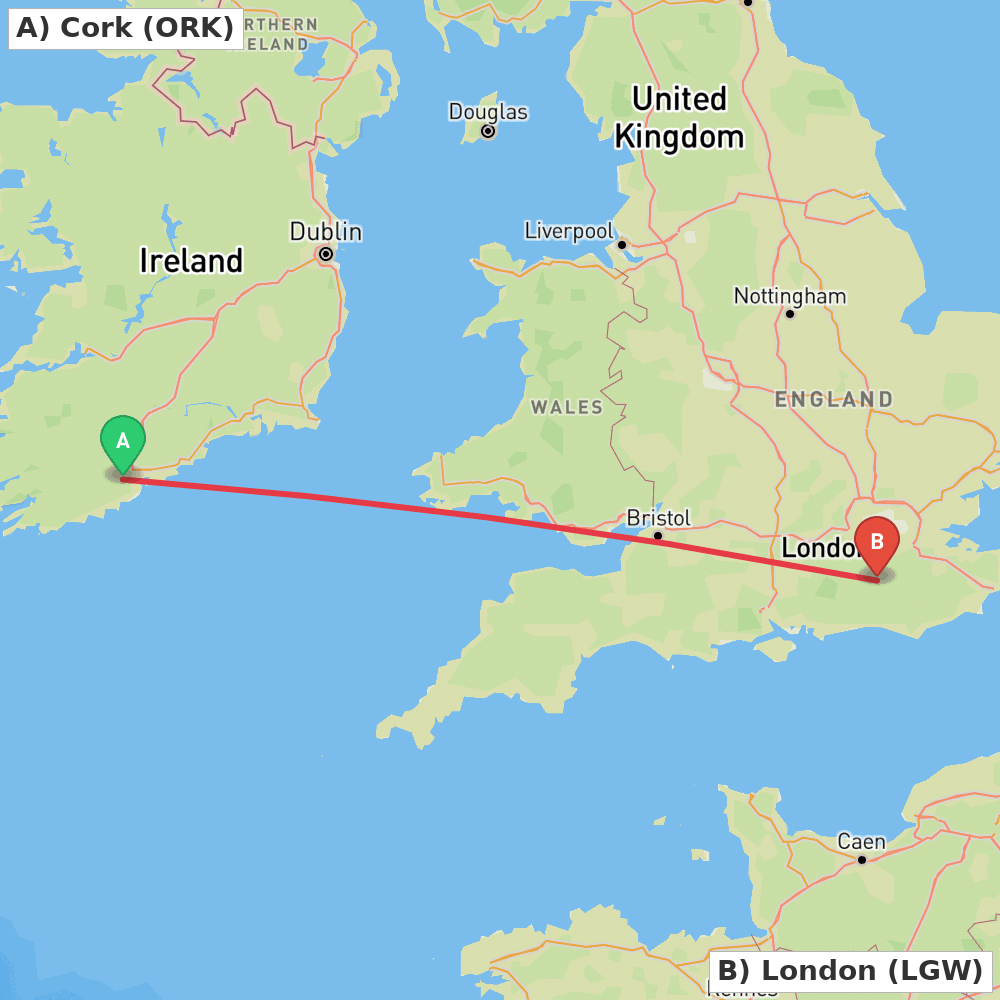 Flight route map from Cork to London