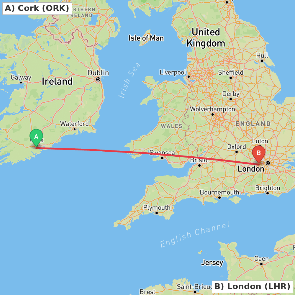 Flight route map from Cork to London