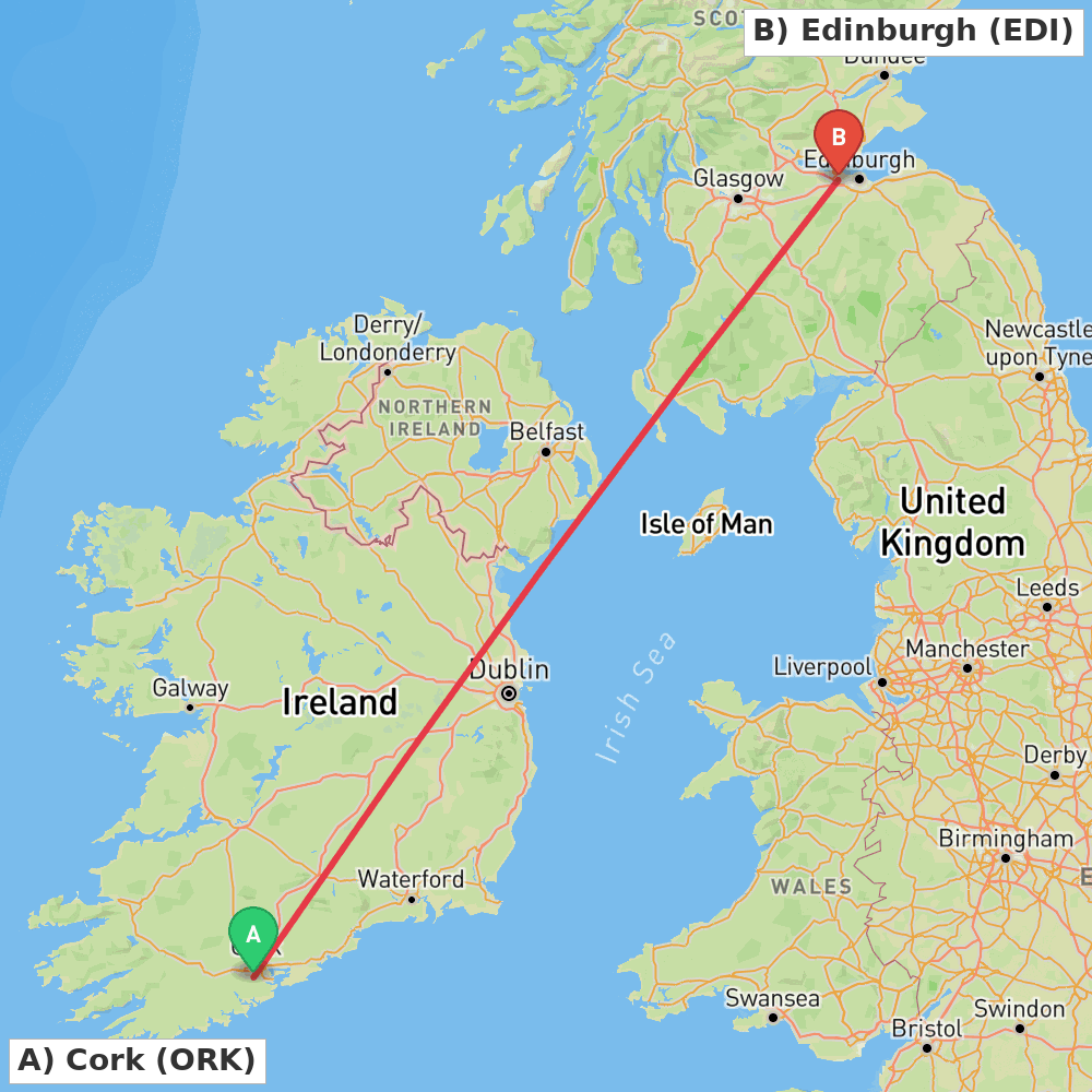 Flight route map from Cork to Edinburgh