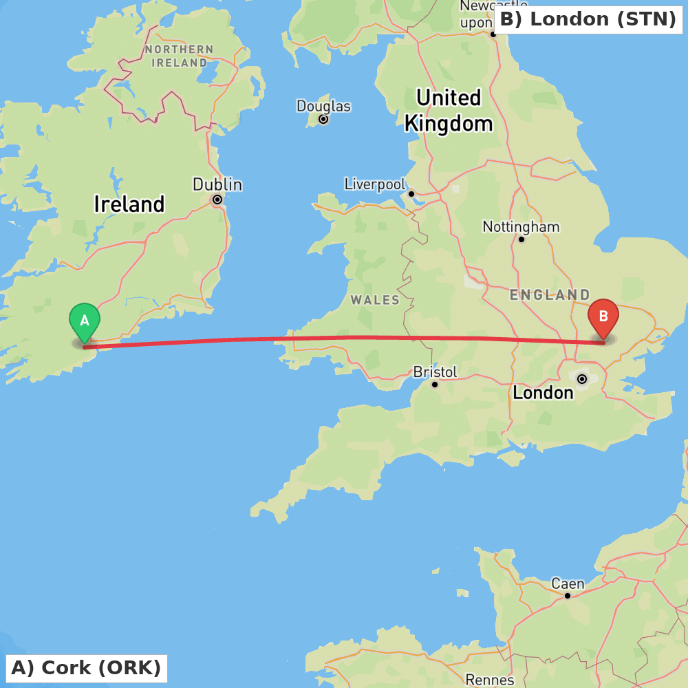 Flight route map from Cork to London