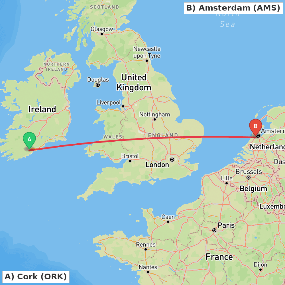 Flight route map from Cork to Amsterdam