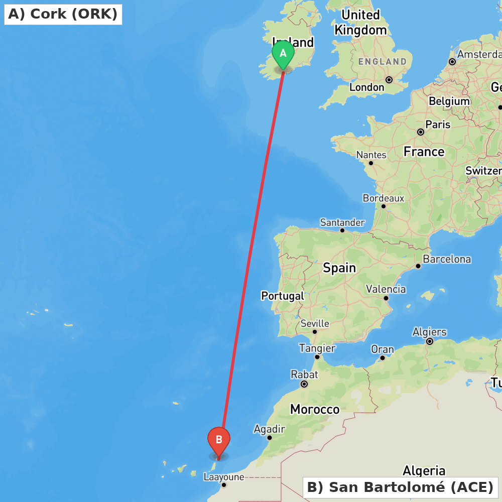 Flight route map from Cork to San Bartolomé