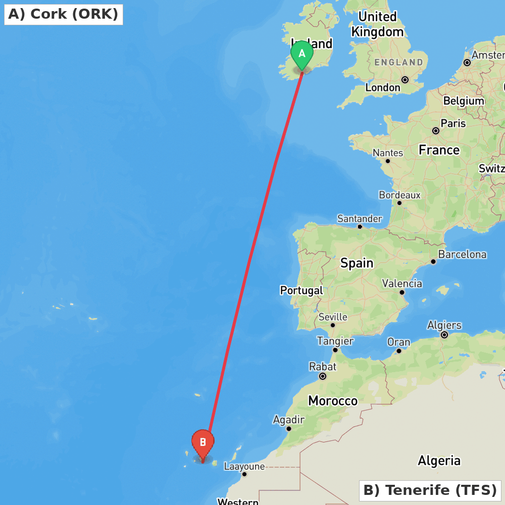Flight route map from Cork to Tenerife