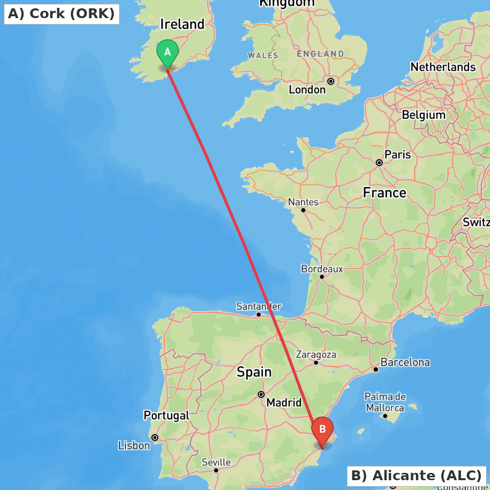 Flight route map from Cork to Alicante