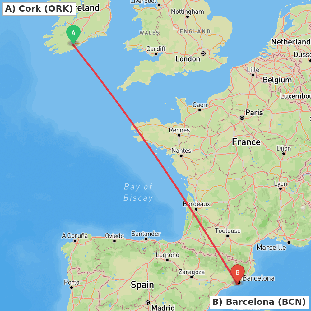 Flight route map from Cork to Barcelona