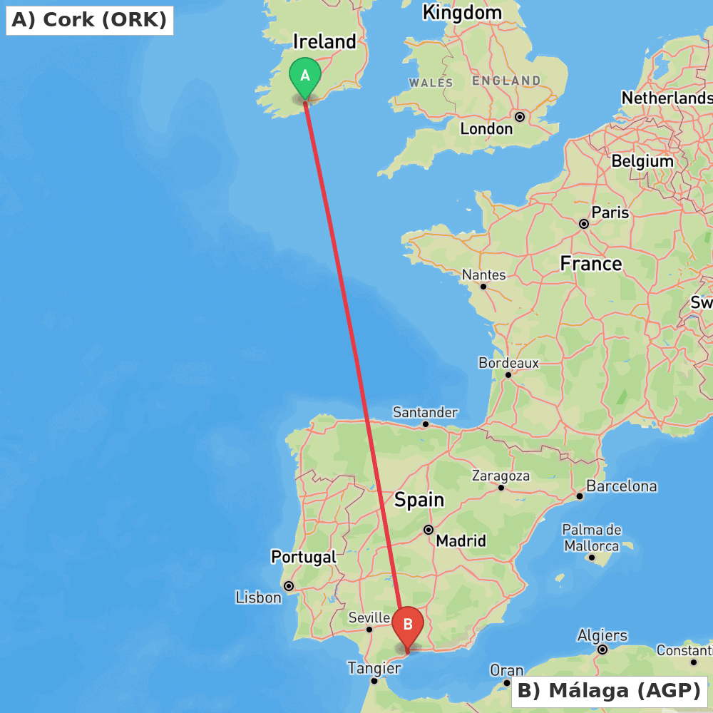 Flight route map from Cork to Málaga