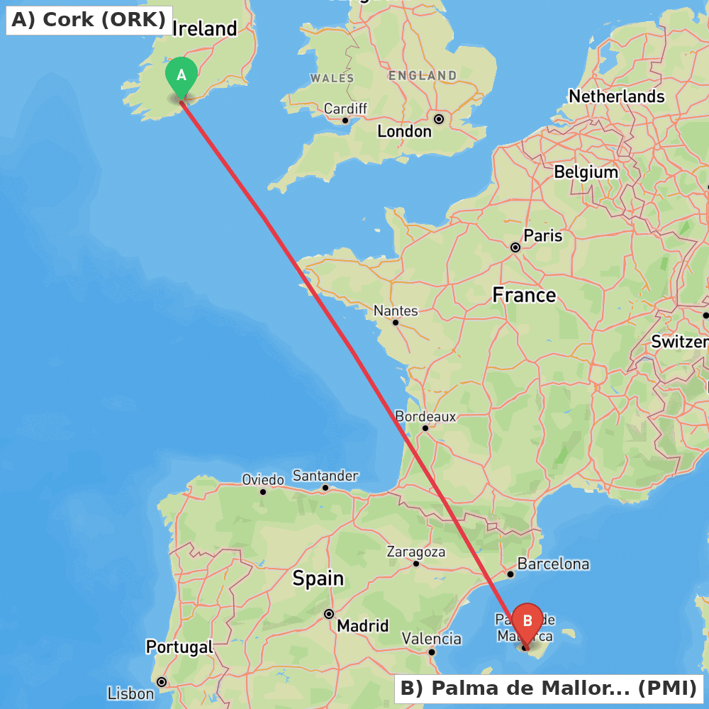 Flight route map from Cork to Palma de Mallorca