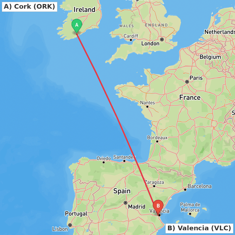Flight route map from Cork to Valencia