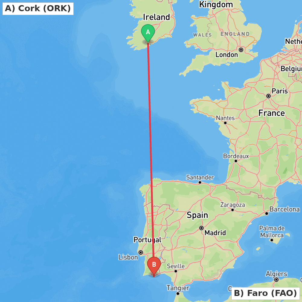 Flight route map from Cork to Faro
