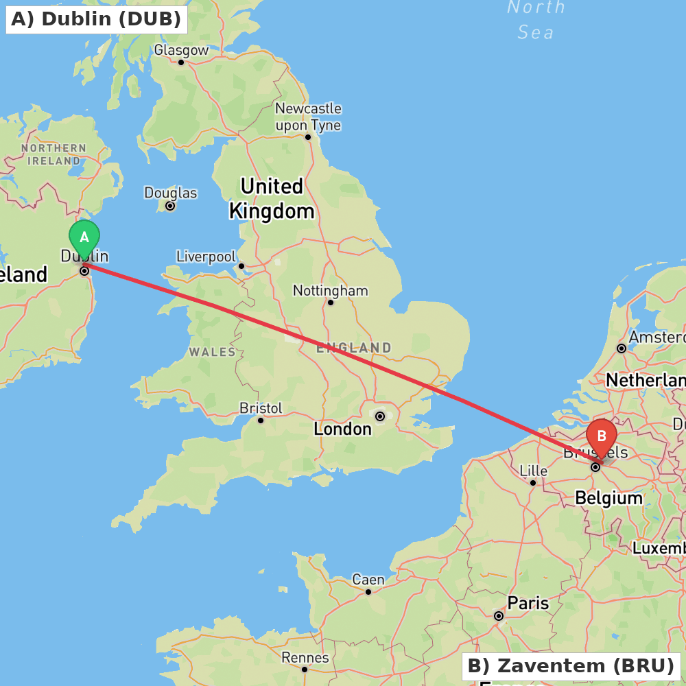 Flight route map from Dublin to Zaventem