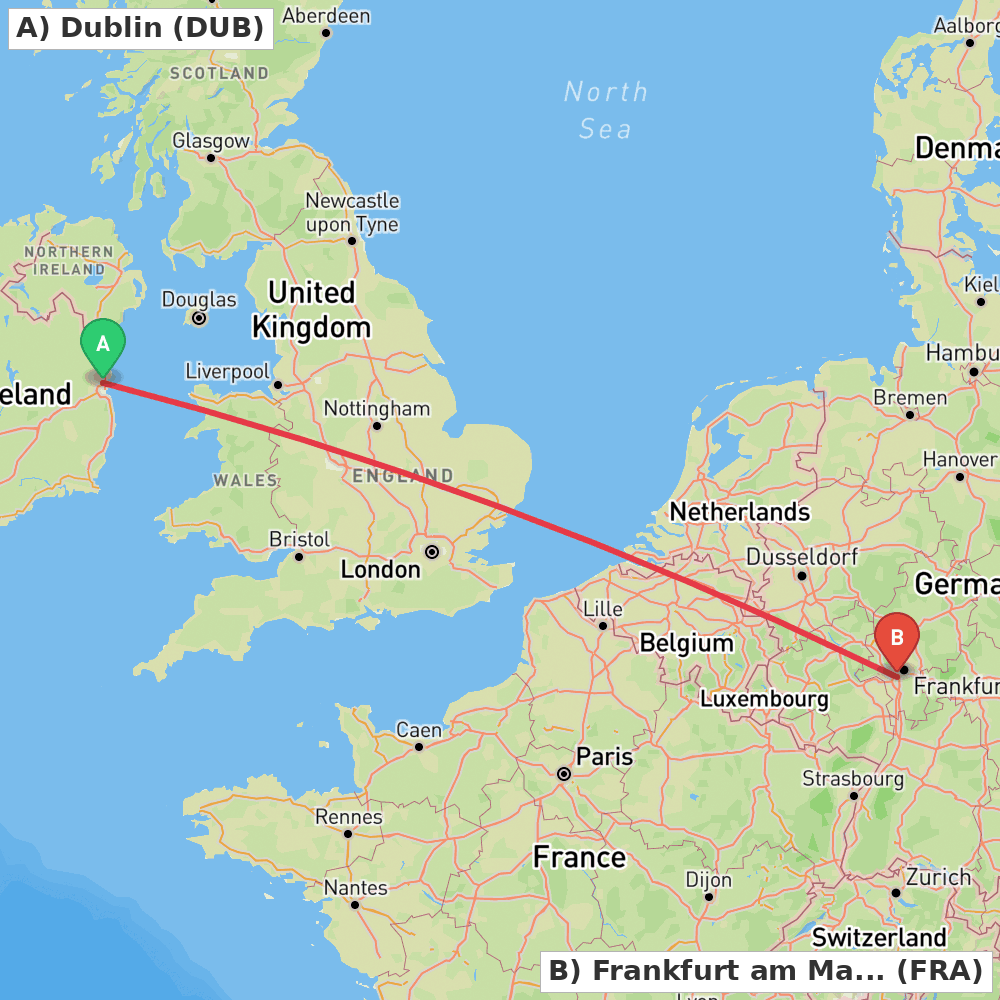 Flight route map from Dublin to Frankfurt am Main