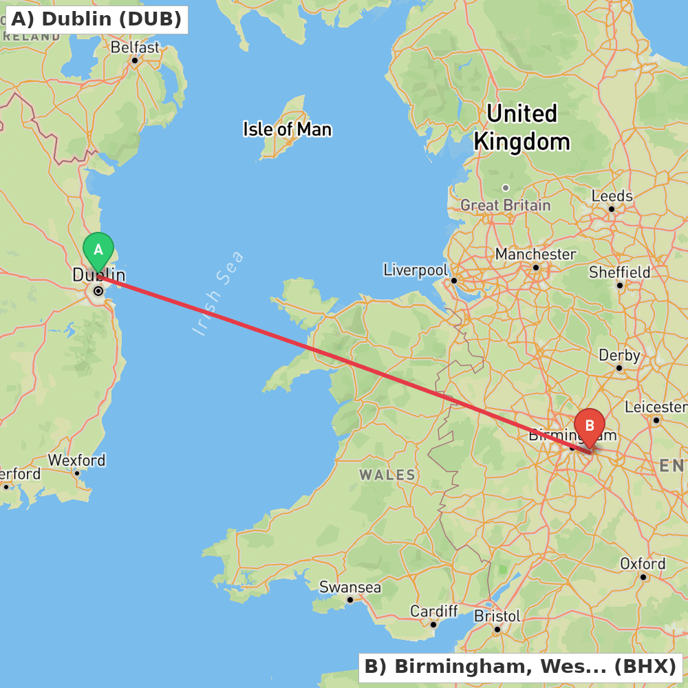 Flight route map from Dublin to Birmingham, West Midlands