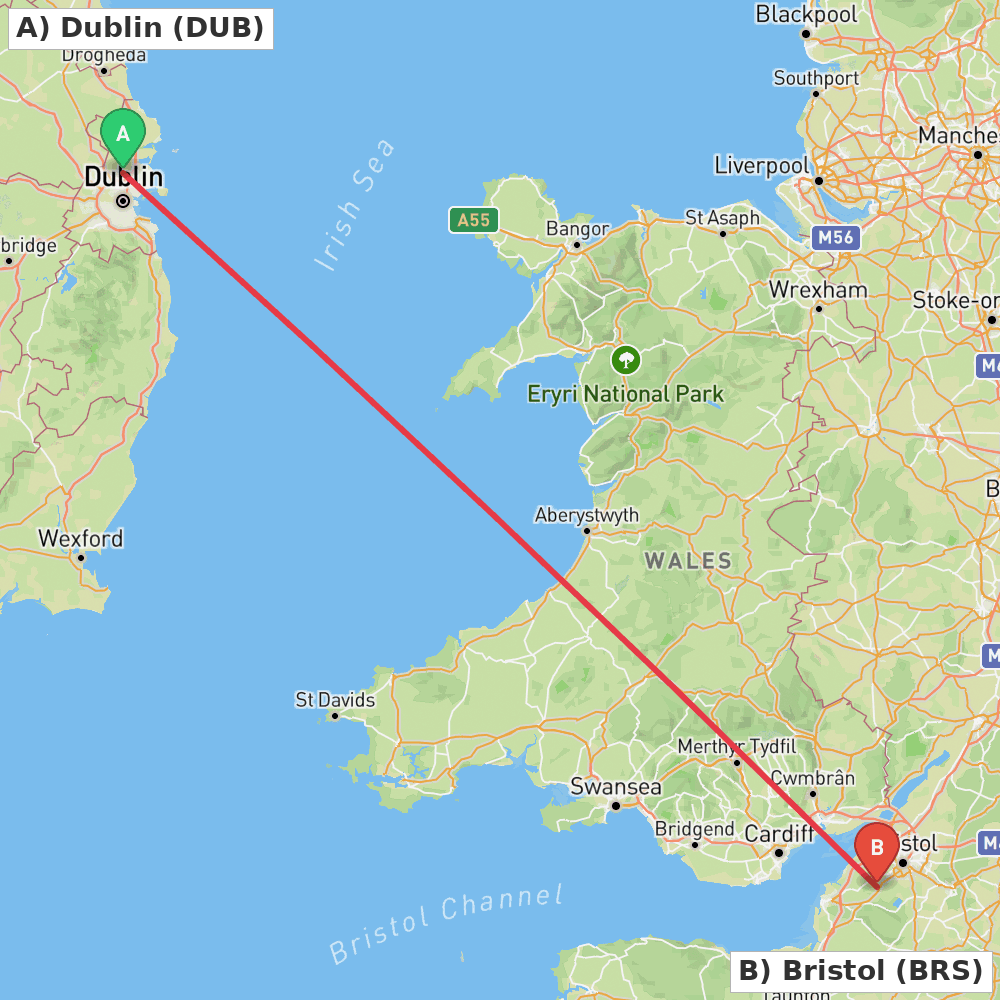 Flight route map from Dublin to Bristol