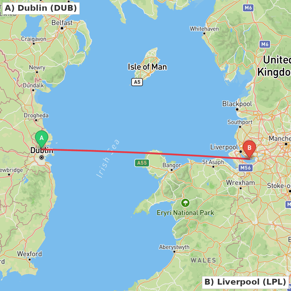 Flight route map from Dublin to Liverpool