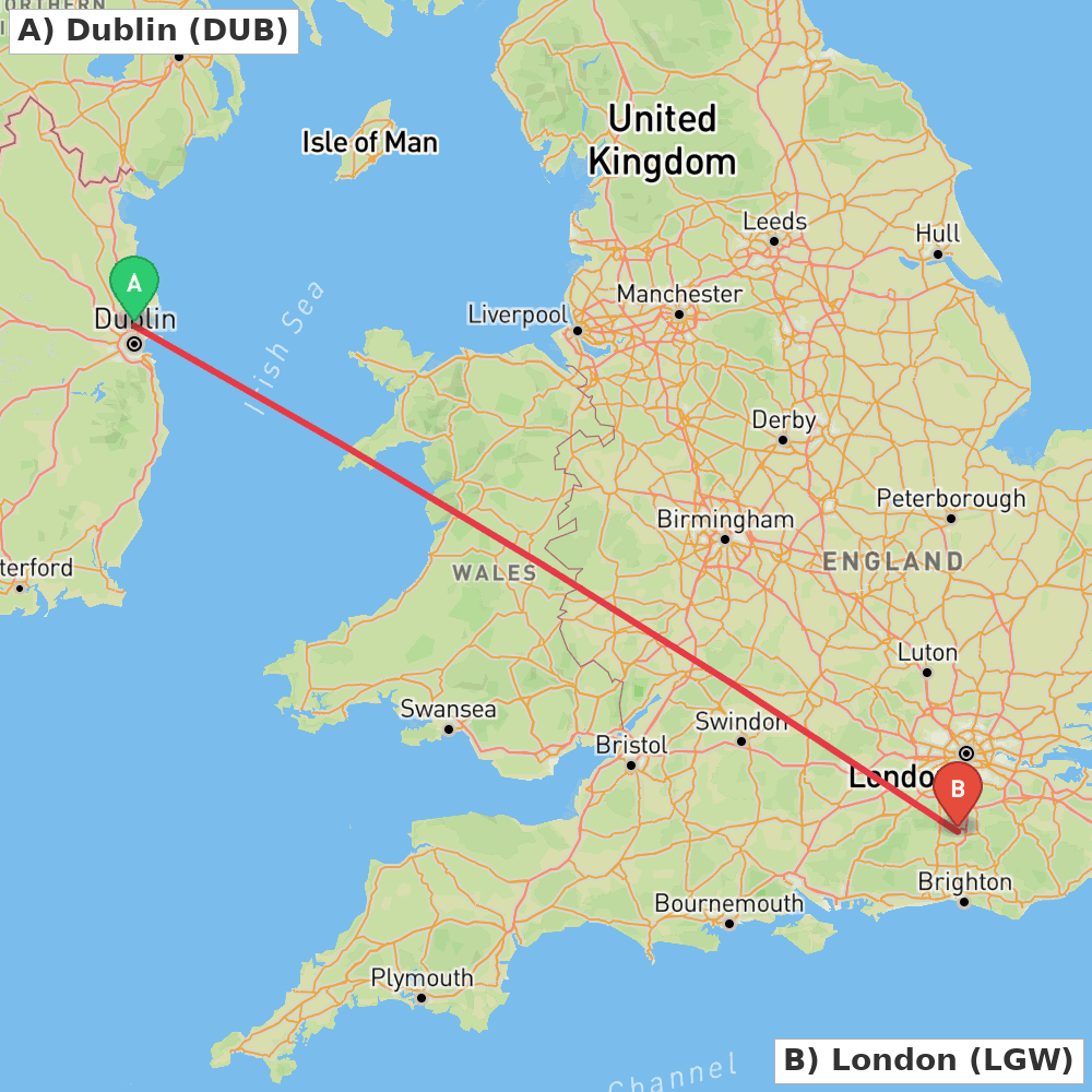Flight route map from Dublin to London