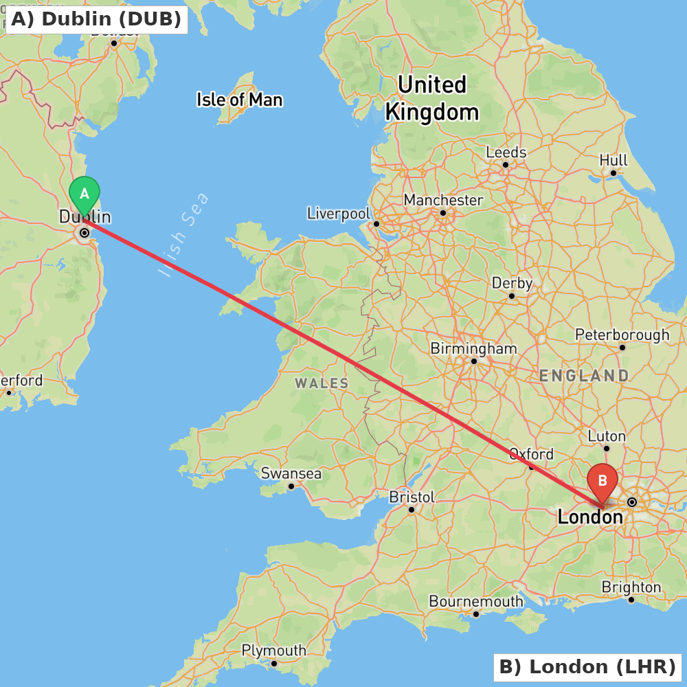 Flight route map from Dublin to London