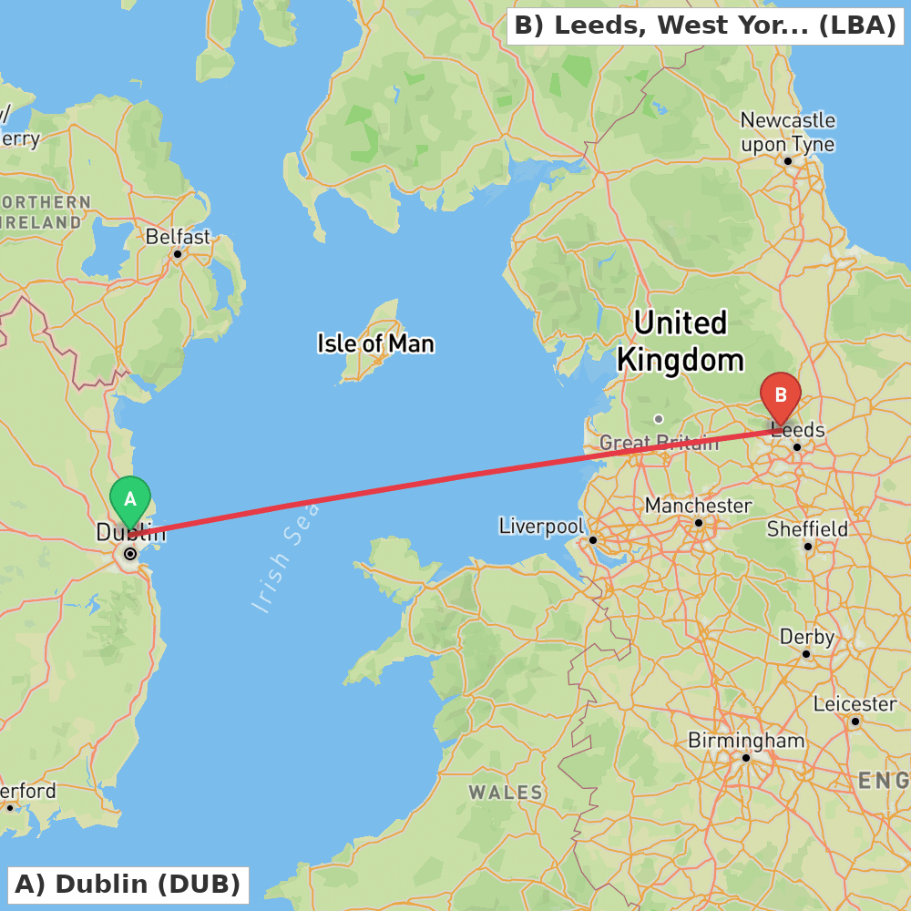 Flight route map from Dublin to Leeds, West Yorkshire
